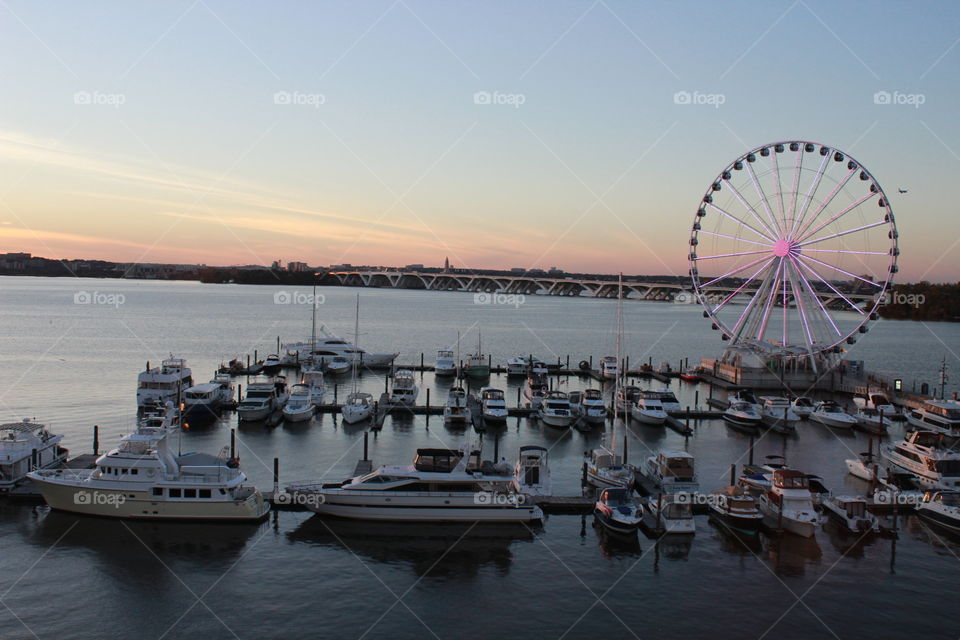 National Harbor at Sunset with The Capital Eye and Wilson Bridge in Background