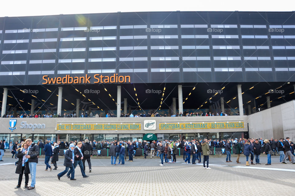 Swedbank Stadium arena in Malmö Sweden. Football game premiere with Malmö top team Malmö FF, start for the football season.