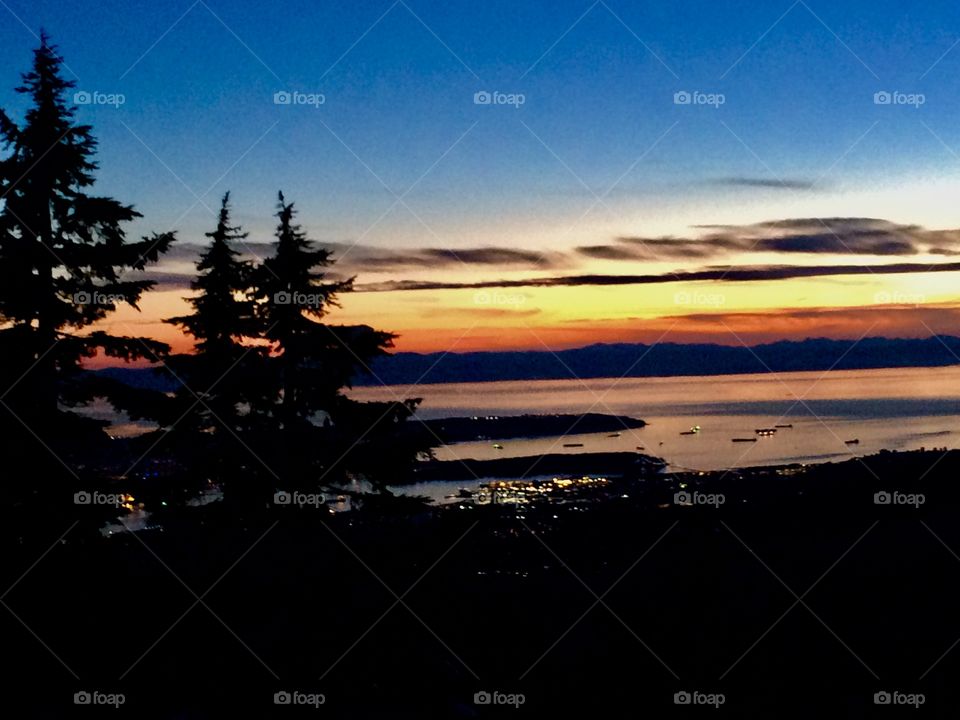 Spring skiing at night on Mount Seymour. This was the sunset view over Vancouver harbour and the Pacific Ocean.