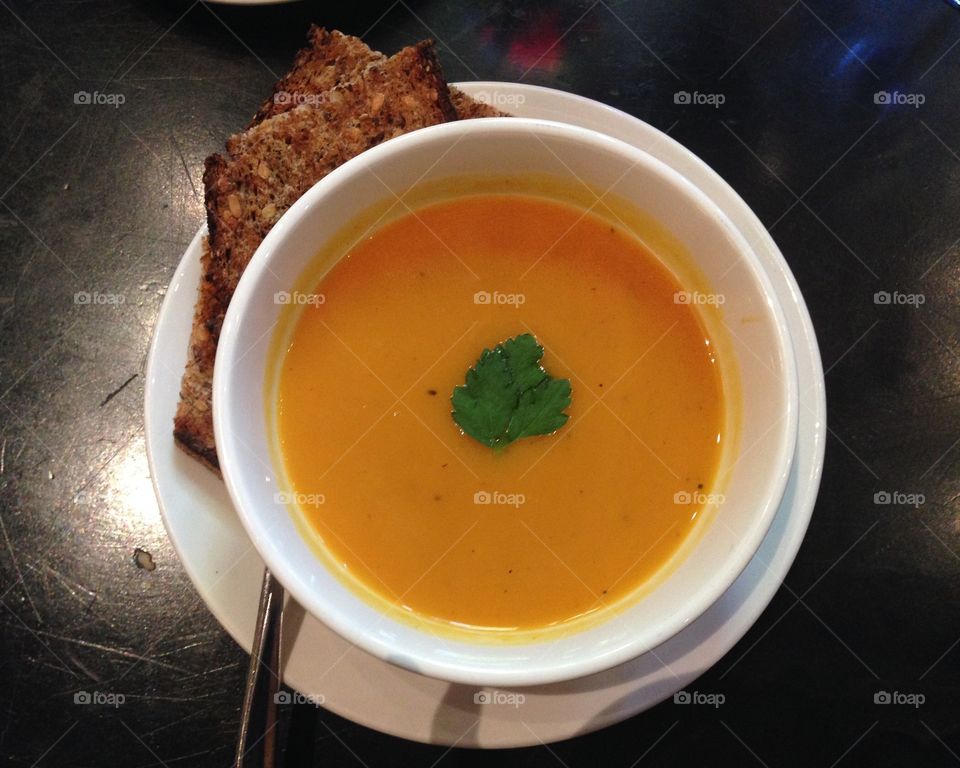 Butternut squash soup with a French baguette