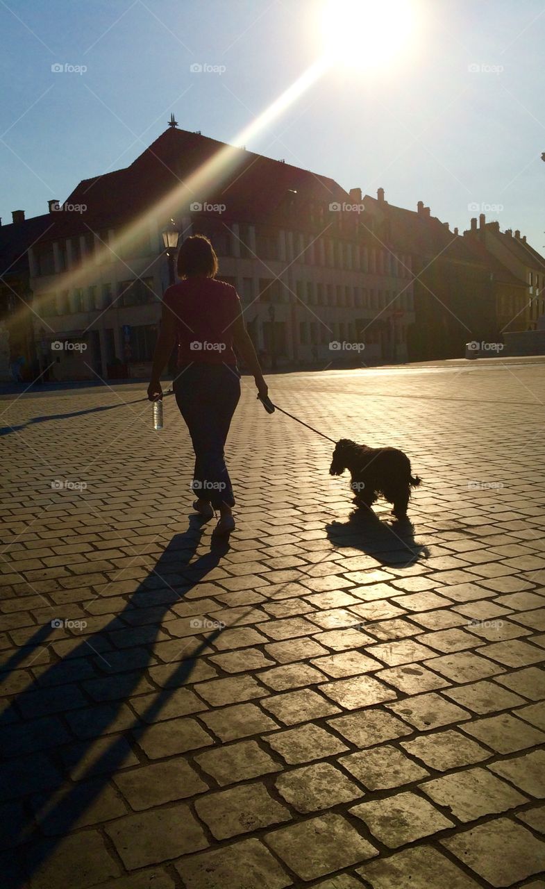 I was sat reading a book when the shadows of passers by caught my eye . I took this shot of a dog walker and love the details of the sunbeam (which I never noticed at the time) and also the water bottle held in her hand.