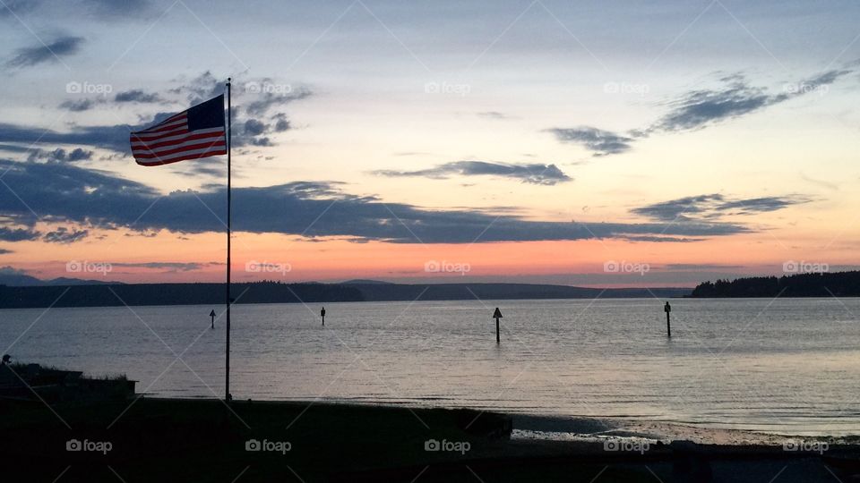 Red Pink White & Blue. American Flag & Puget Sound Sunset