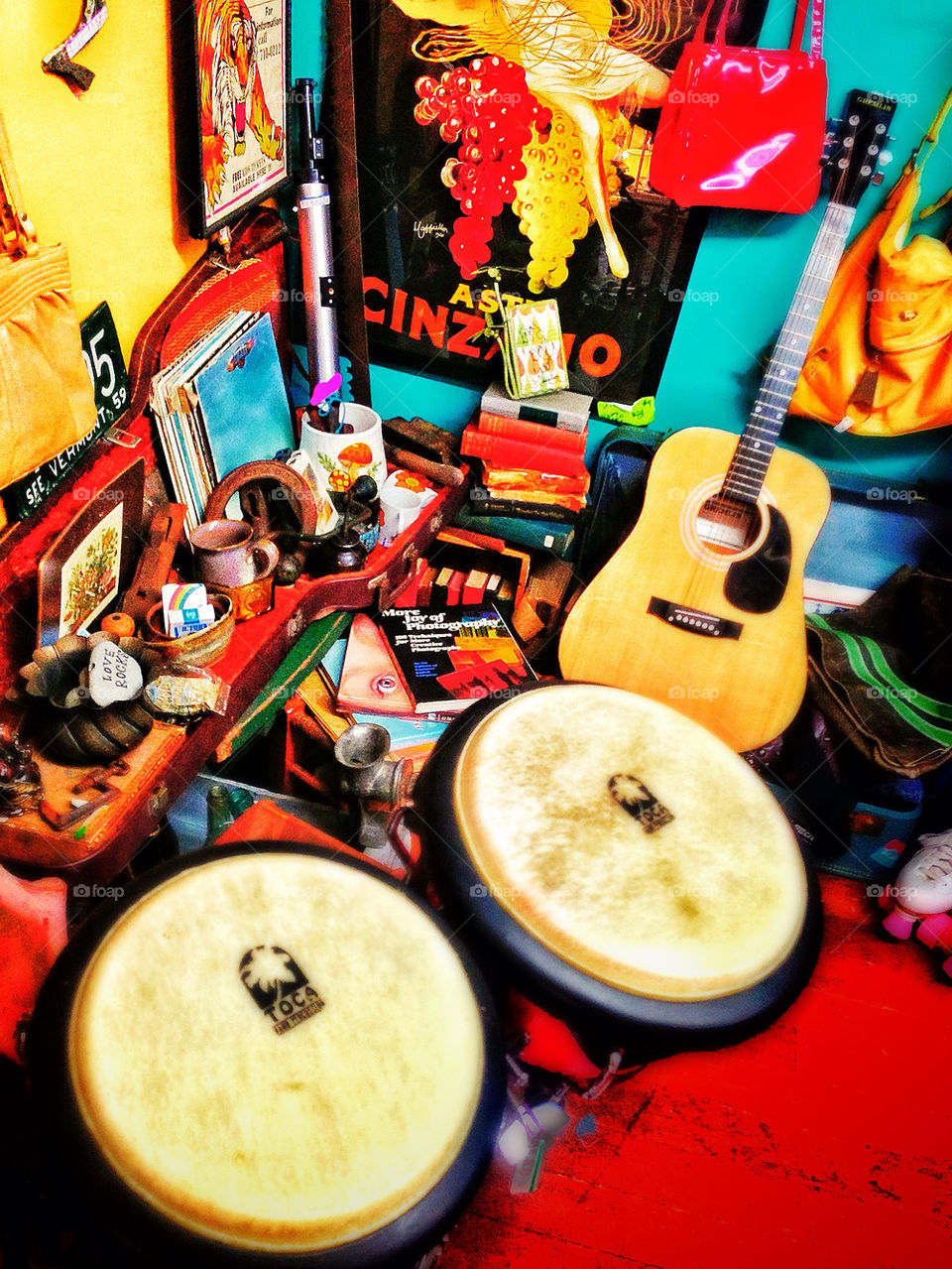 Cluttered room with music instruments