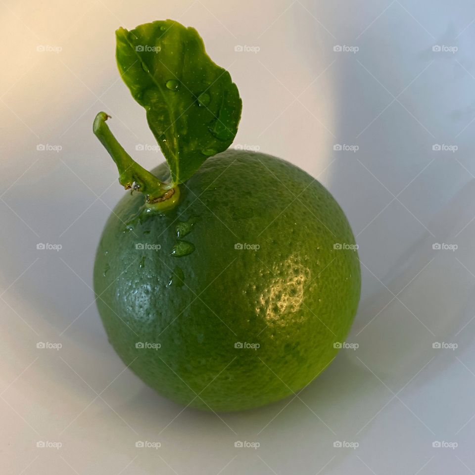 Closeup of a fresh lime on a white plate