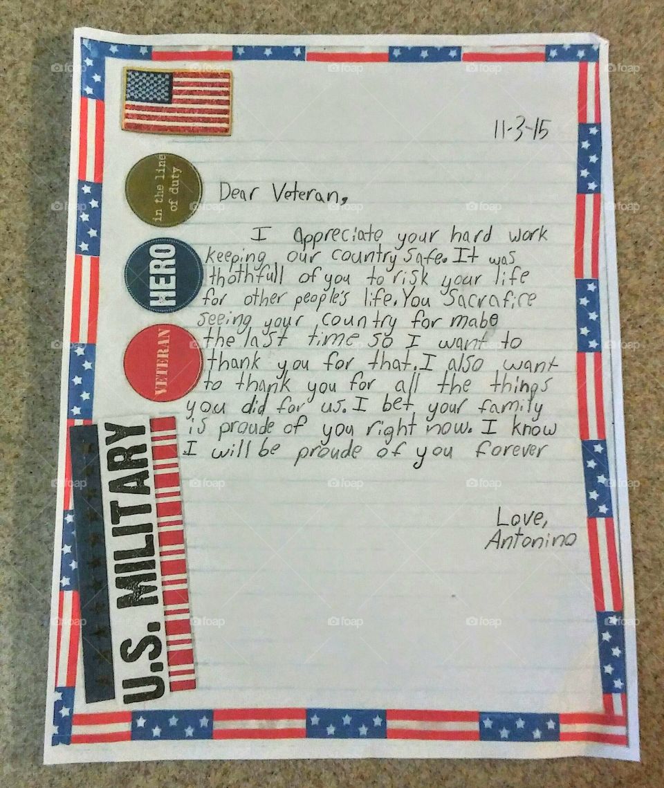 Thank you letter from a child to a Veteran