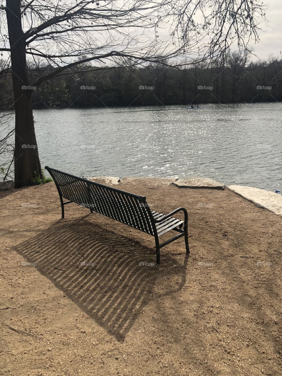 Empty bench at peaceful lake