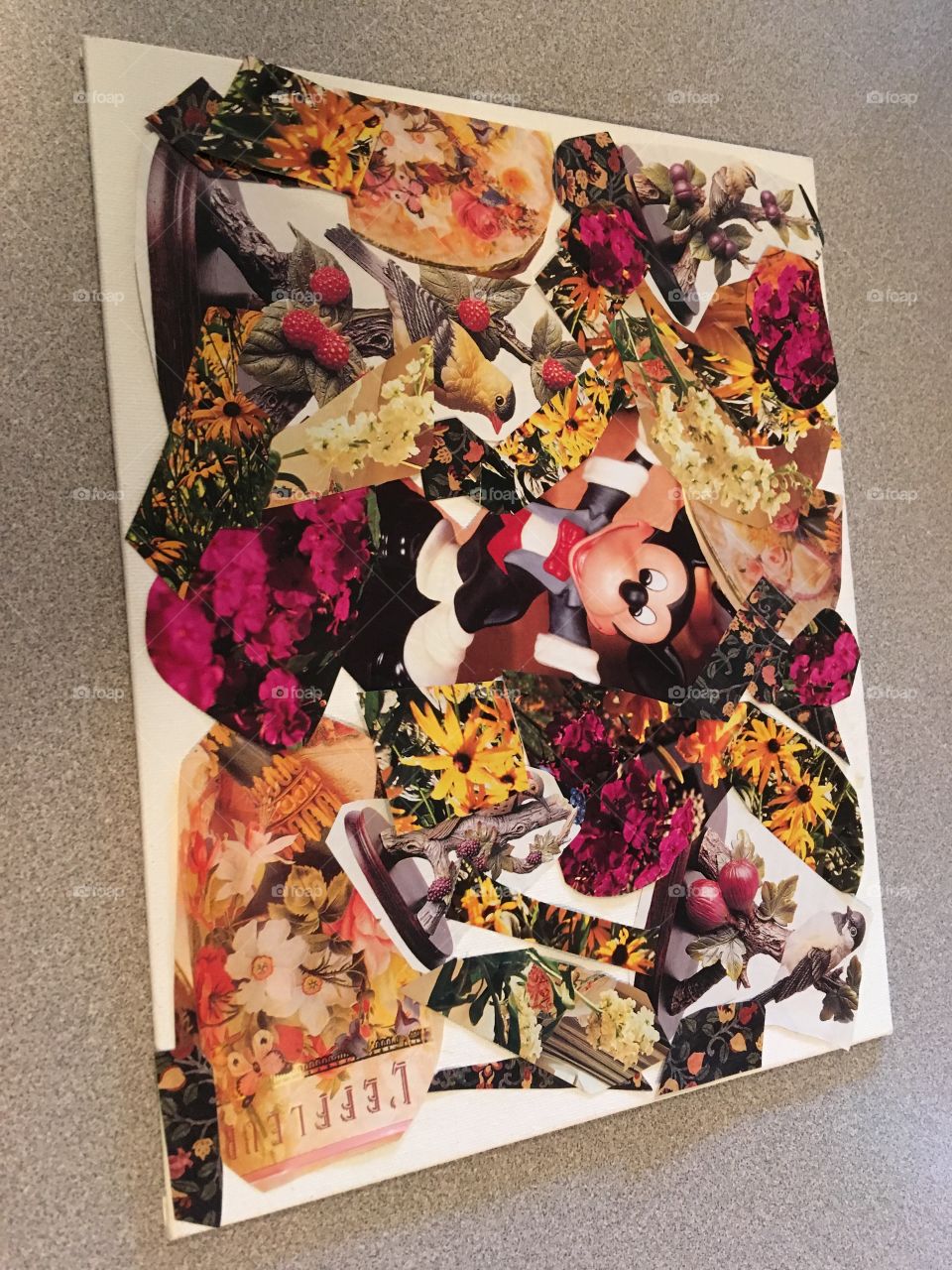 Mickey Mouse collage celebrating spring by surrounding himself with flowers! Full of spring colors.