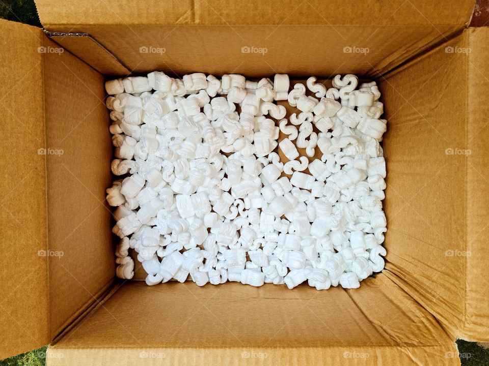 polystyrene chips inside a box