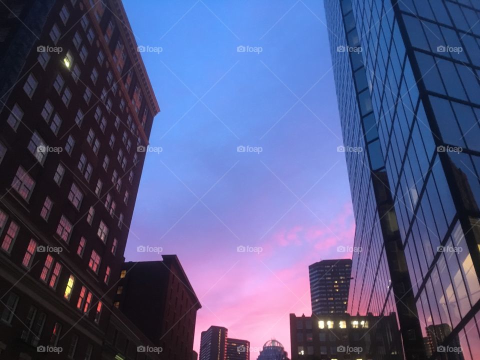 View of Boston Massachusetts at sunset with a pink color