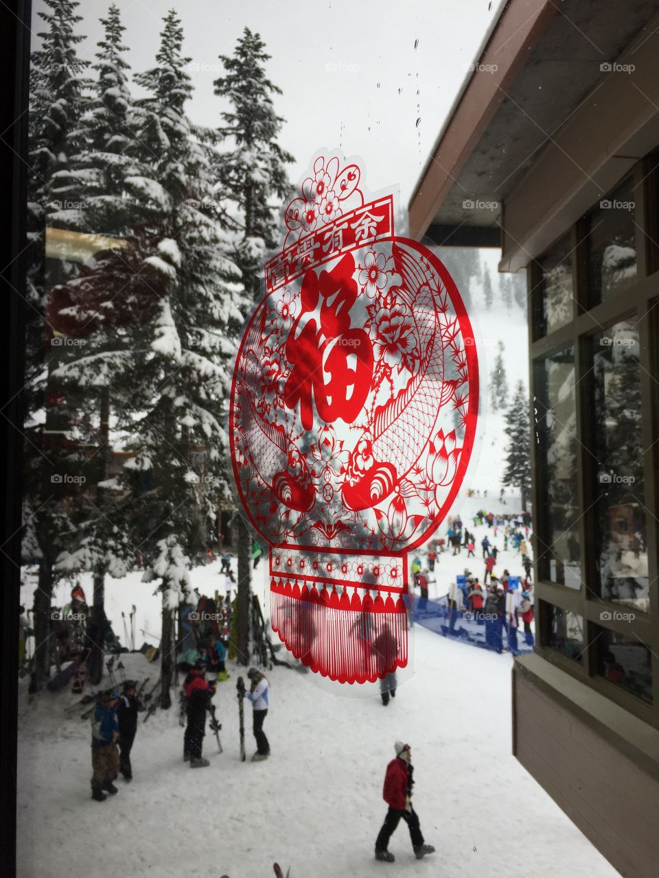 mountain, snow mountain, evergreen trees, snow, snowing. Fog, snowboarding, skiing, sky, 7th heaven , winter, ski resort, Chinese New Year, red decor 