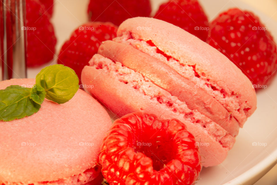 close up of a pink macaron