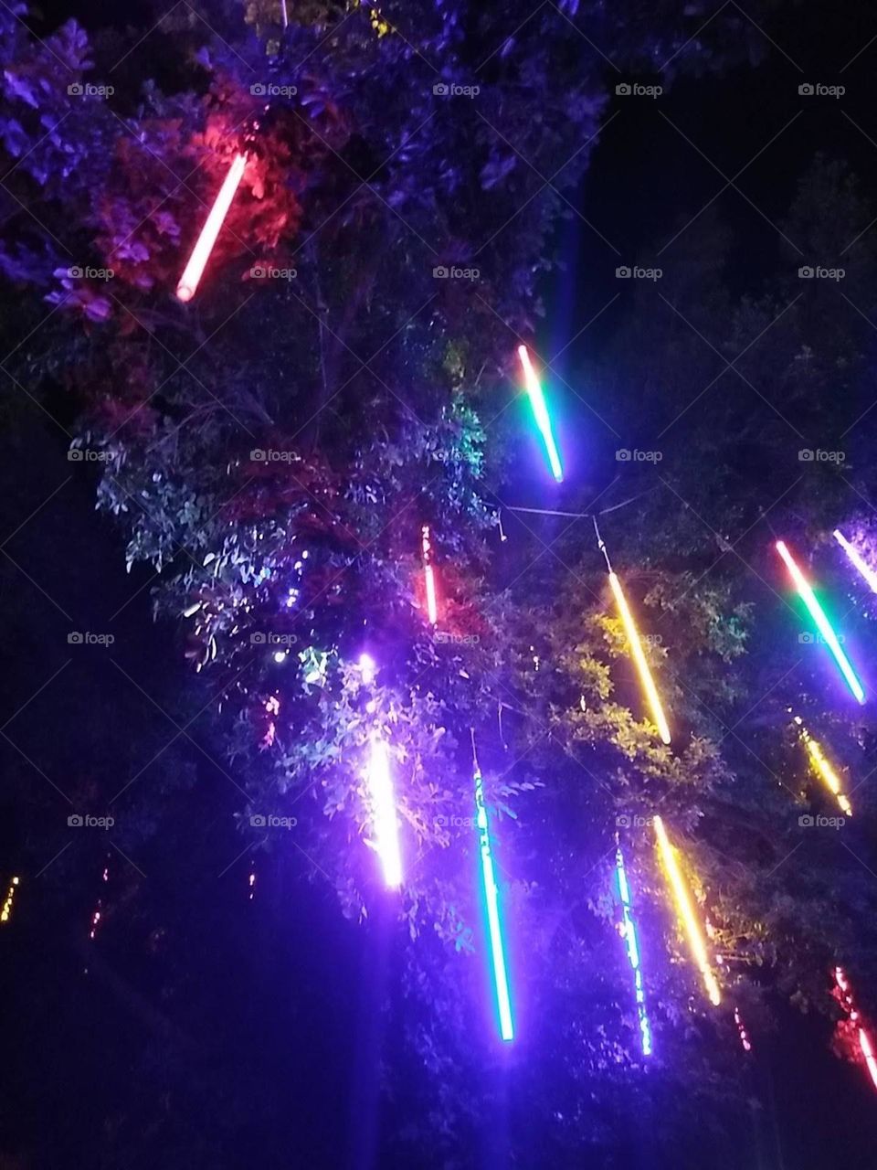 Tree decorated with multi-colored light bulbs