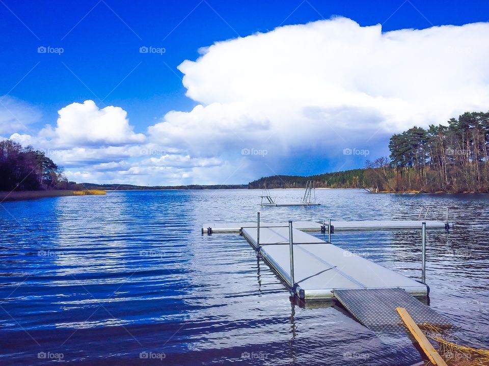Modern deck floating on lake