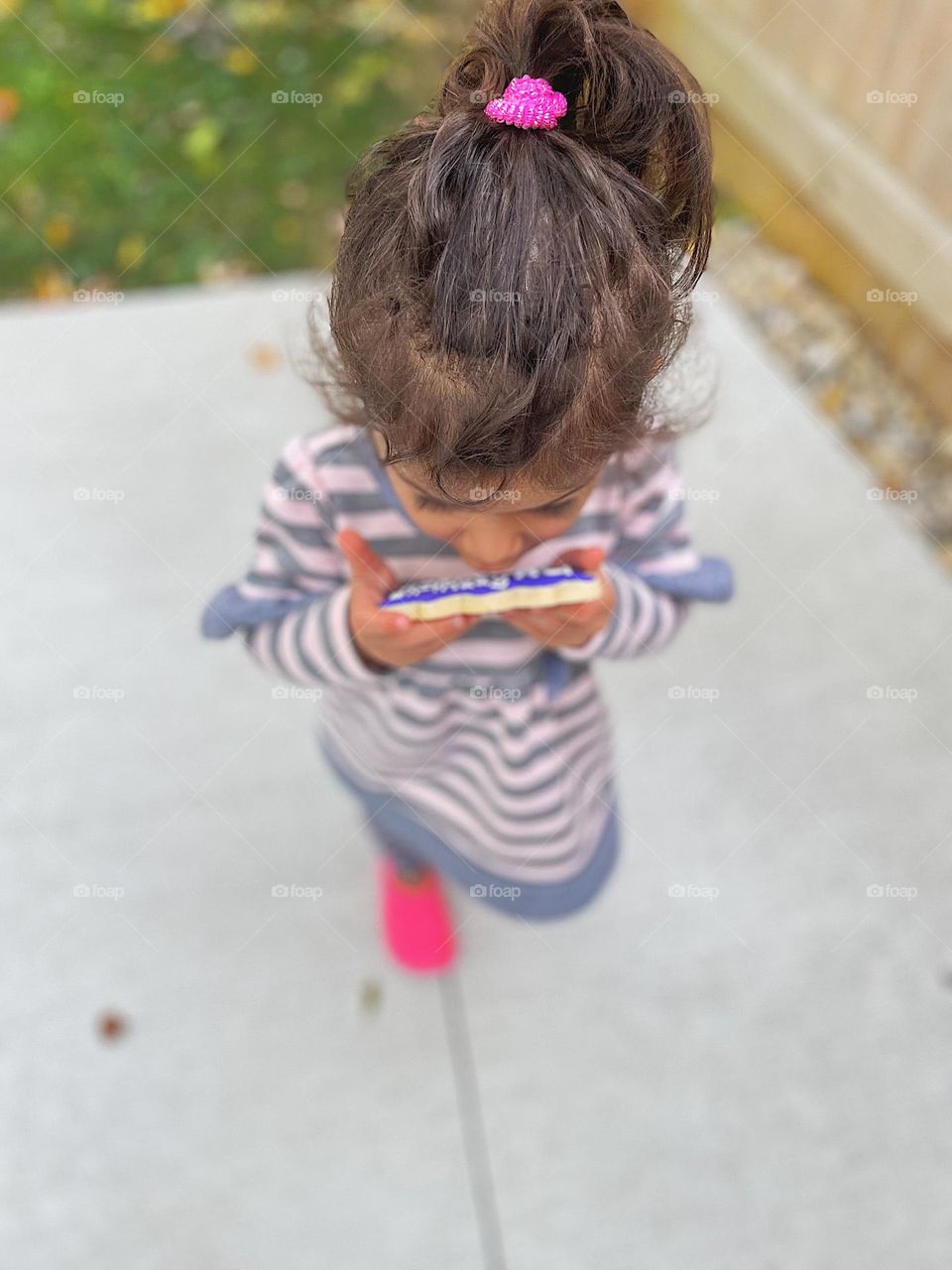 Little girl eating cookie outside, toddler eating a sugar cookie, sugar cookies in the fall, eating sugar cookies on the patio, fun with cookies outside 