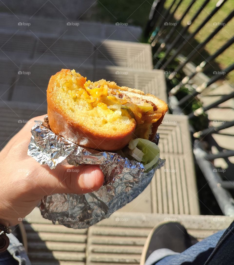 Garlic bread, burger