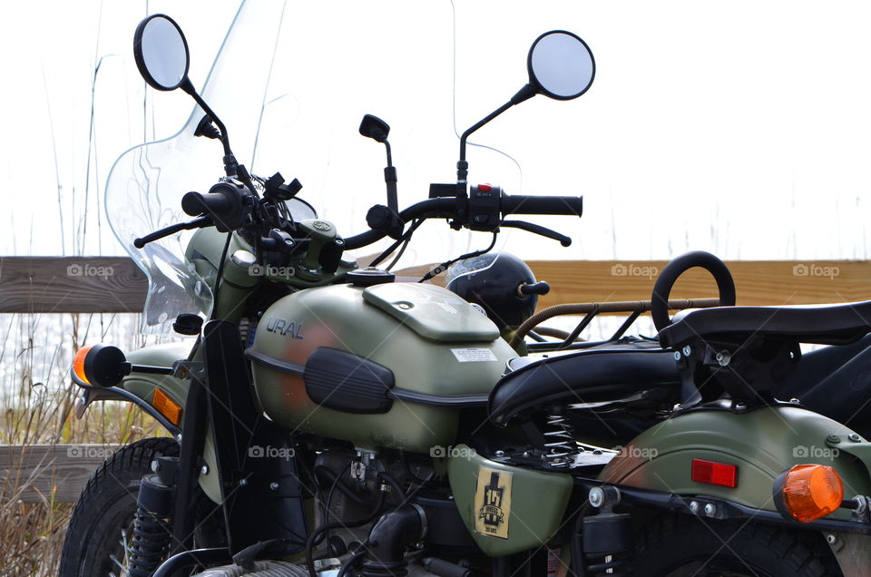 motorcycle vintage World War II Style with Sidecar and olive drab paint job