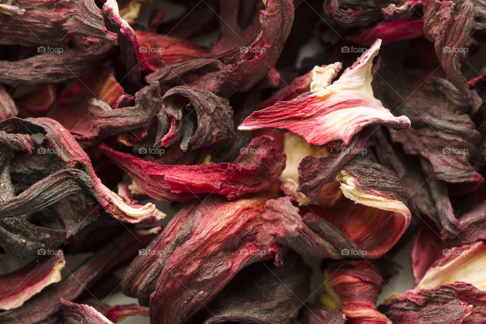 Dry carcade tea texture background, red flowers of hibiscus 