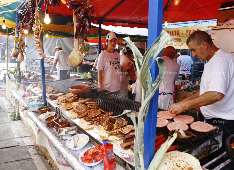 Street market, business, meat preparation, cooking