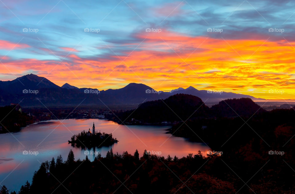 Amazing sunrise . Amazing sunrise and colorful dramatic sky at lake Bled, Slovenia 