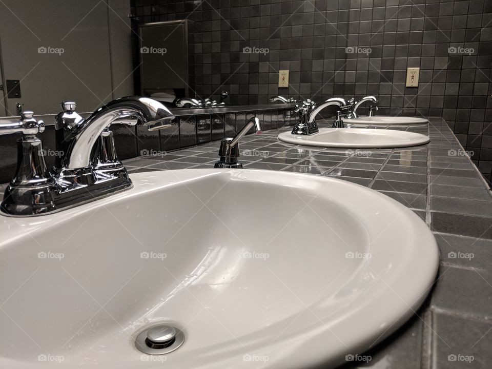 White Bathroom sink, Grey Tile, Mirror, multiple sinks
