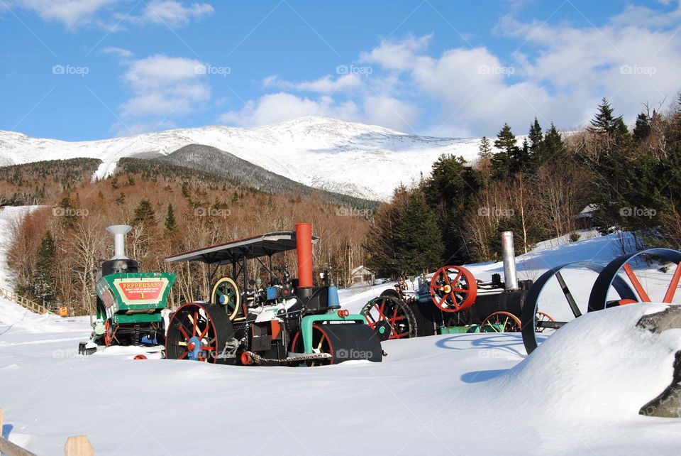 it may not look like spring in this photo, but this is spring time in New Hampshire,USA 

base station of the cog railway before the steep summit to the Mt Washington observatory.

with a layout of past train equipment from previous years.