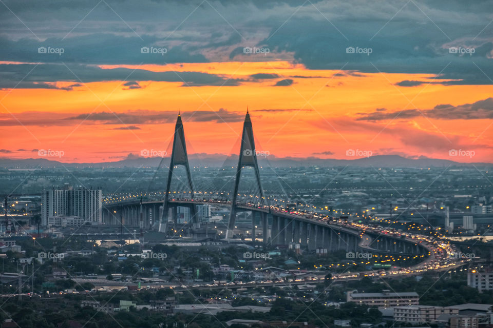 Beautiful scene of the Bhumibol landmark Bridge in front of twilight in Bangkok Thailand