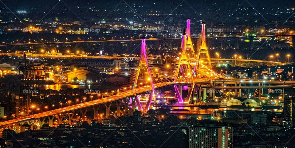 Beautiful land mark   Bhumibol bridge at central city Bangkok , Roof top Mahanakorn building Bangkok Thailand 