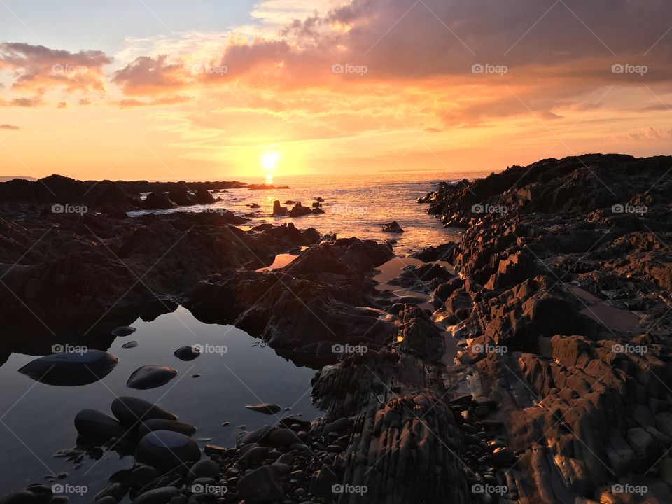 Rocky landscape sunset, Westward Ho! Devon, England. 