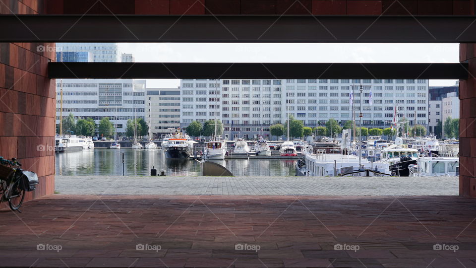Yachts and architecture in Antwerp.