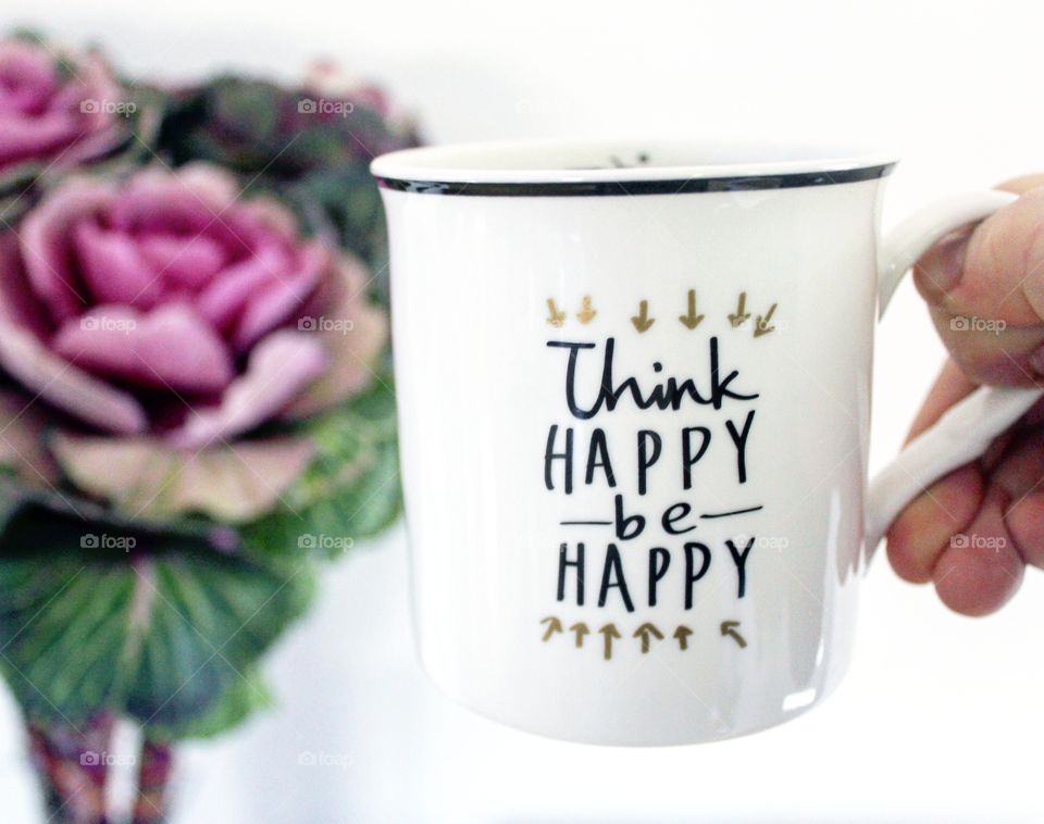 think happy be happy mug with cabbage flower background