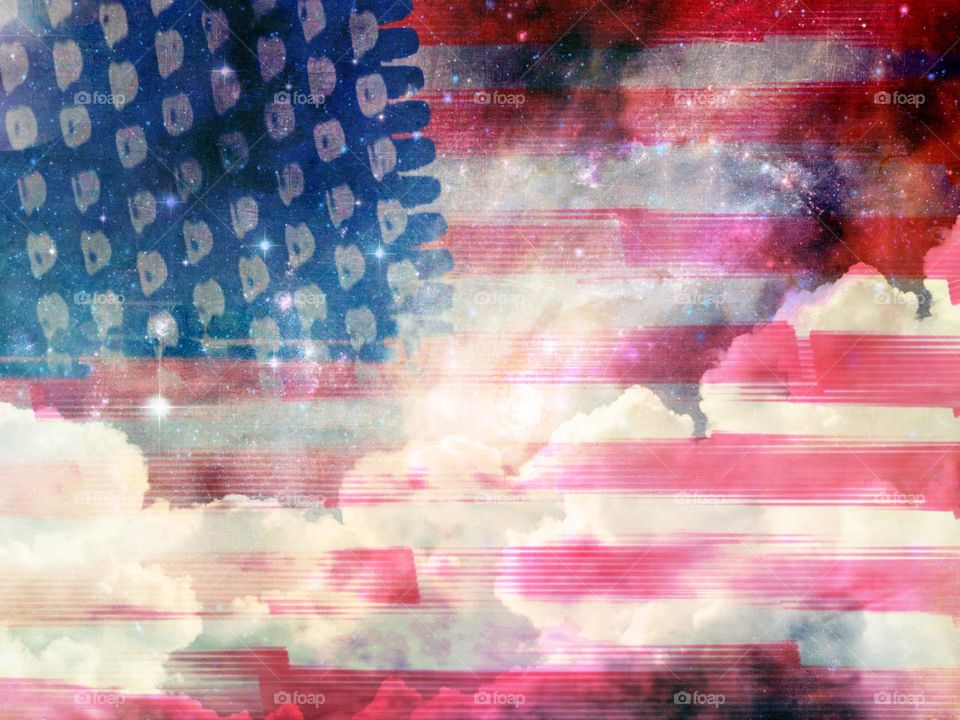 American Flag with cloudscape.