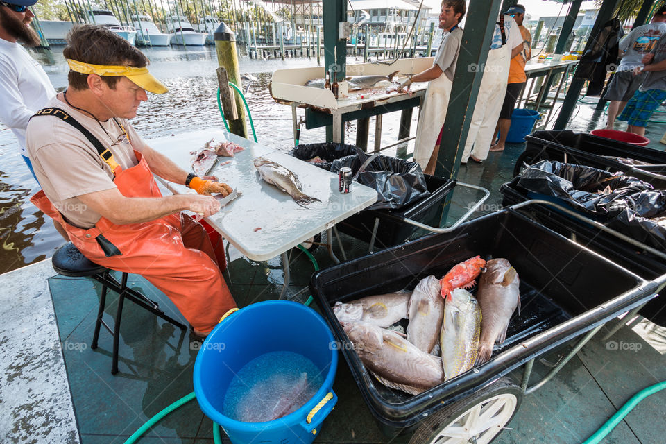 Man slice the fish to prepare for the food