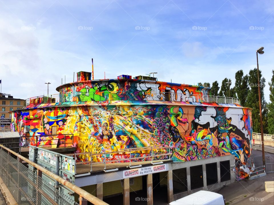 Slussen Grafitti. Soon to be demolished, a round house on top of Slussen in Stockholm is covered in grafitti as a part of an art project. 