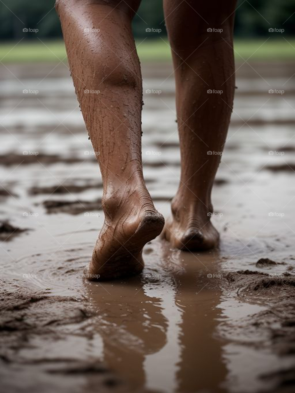 Barefoot feet walking in the mud