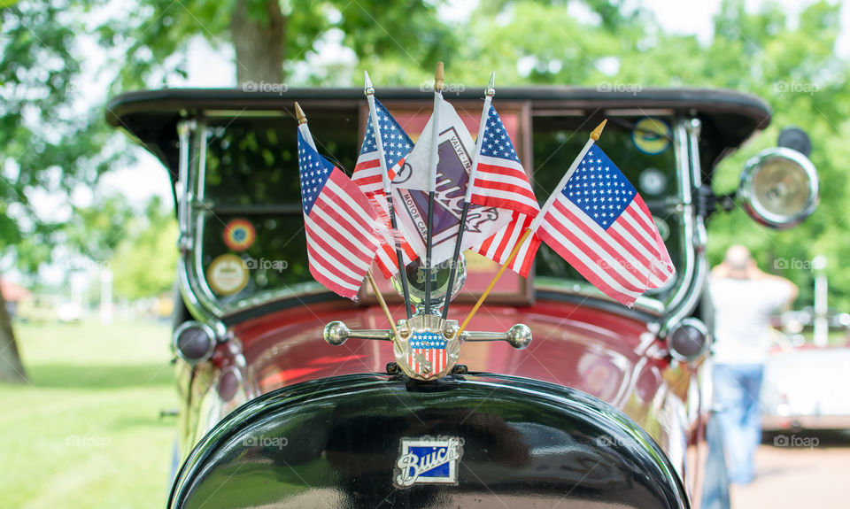 american flag on a vintage buick car, usa, united states of america