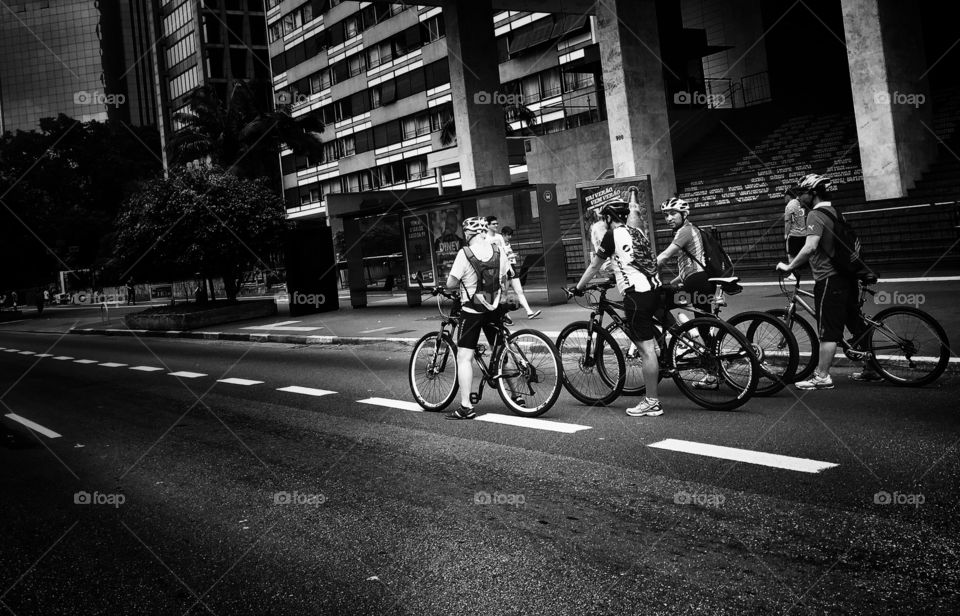 Cyclists together on Paulista Avenue in São Paulo 