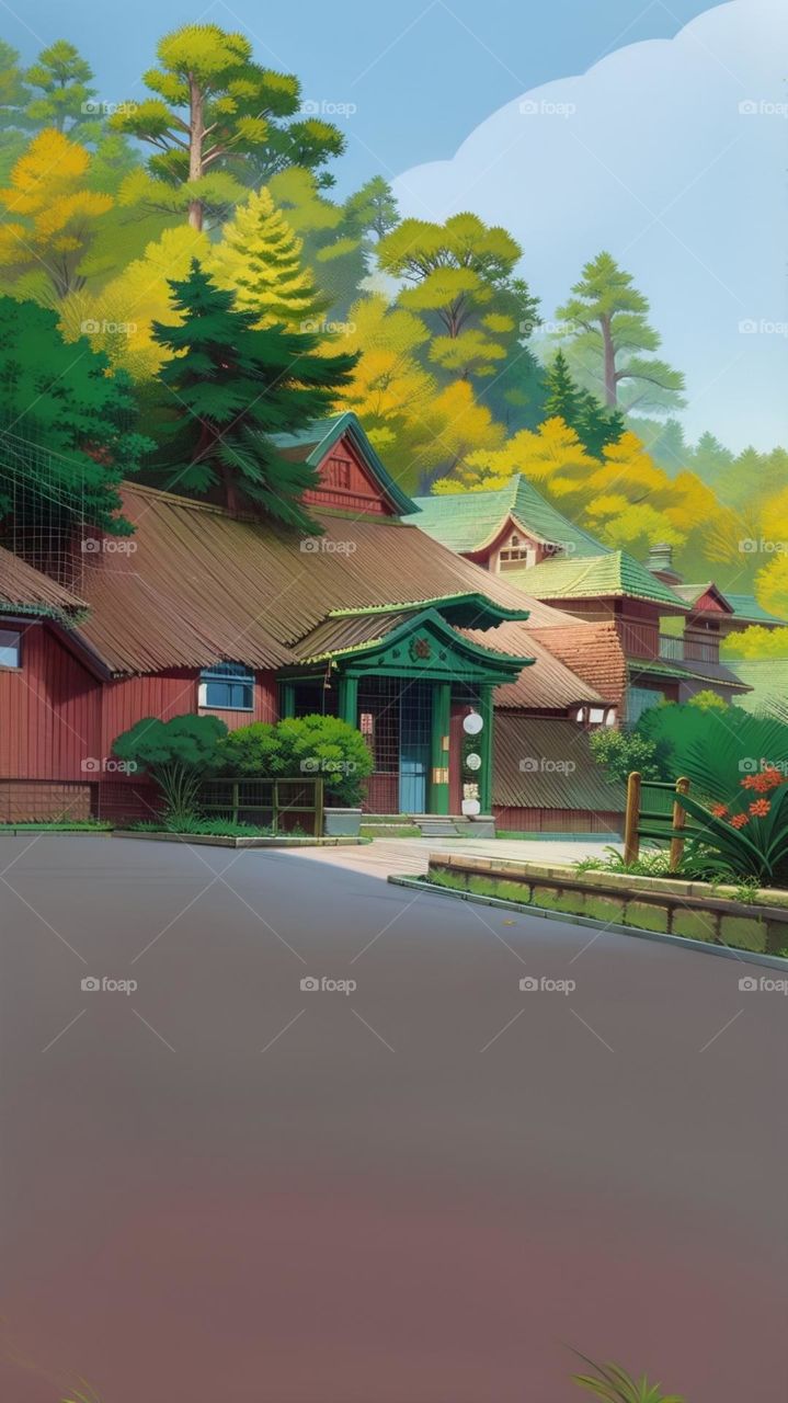 Small village in the forest valley in the countryside.