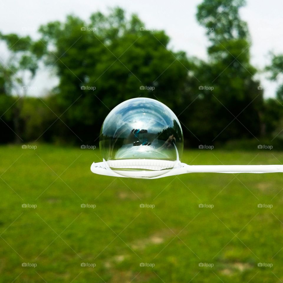 A soap bubble sitting on a wand with green grass and trees in summer
