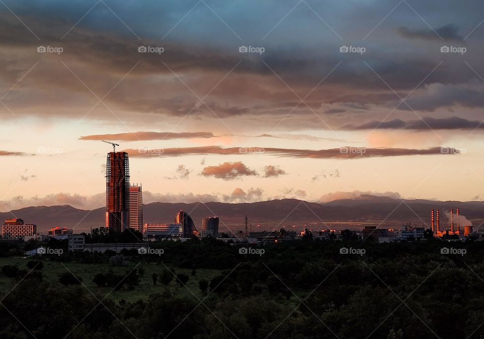 Sunset in pink over the city