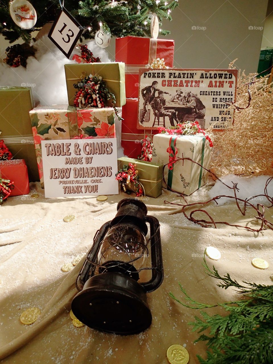 Rustic Christmas decorations on display  for a fundraising event in Central Oregon during the holidays. 