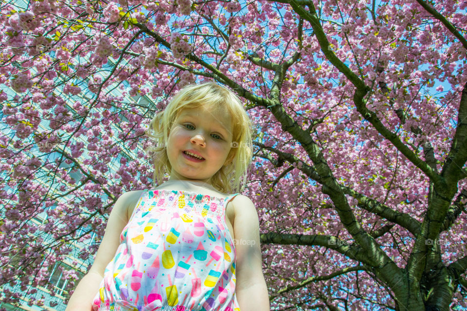 Young girl is playing in the park under a cherry blossom tree in Malmö Sweden.