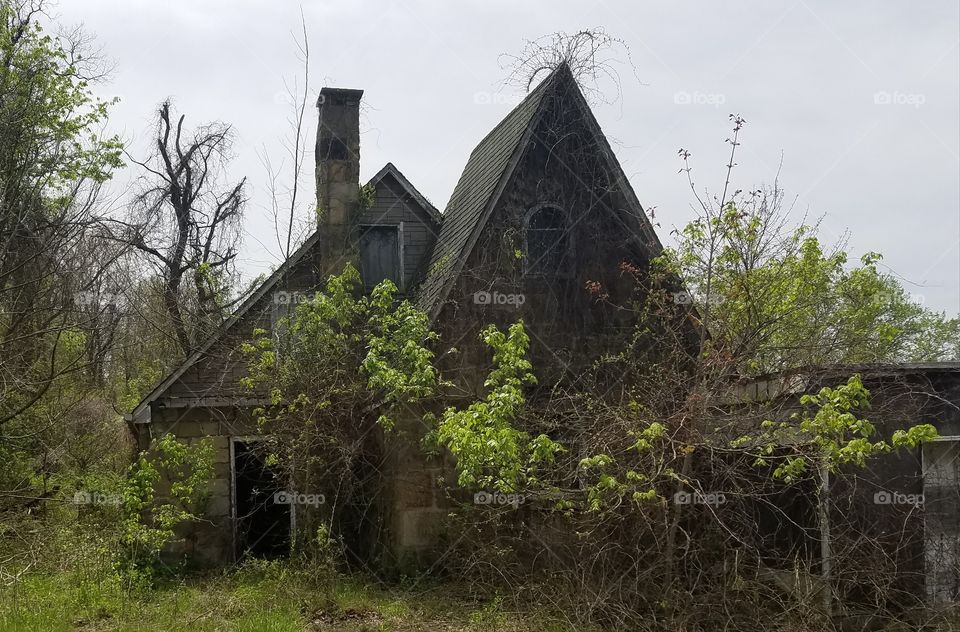 front of the abandoned house