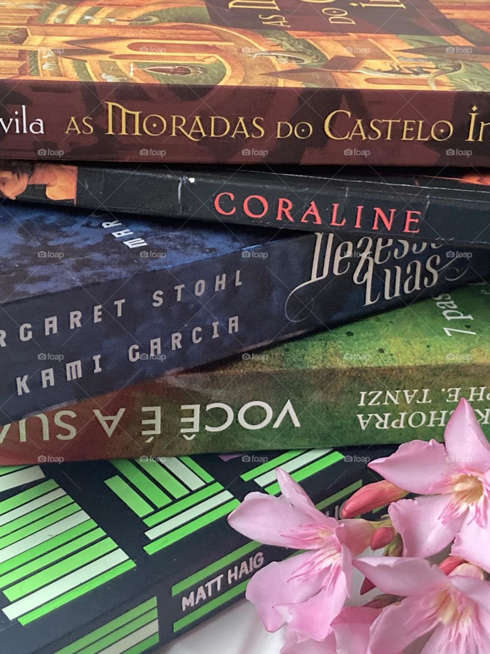 Livros diversificados de leitura ornamentados com flores delicadas.