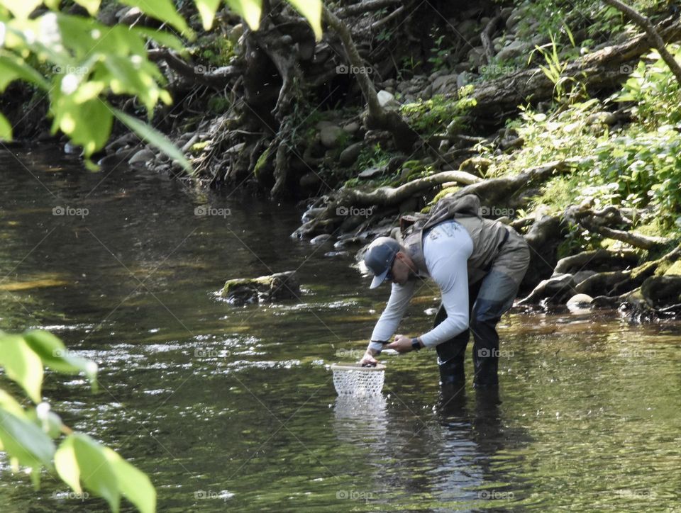 Man fishing in stream