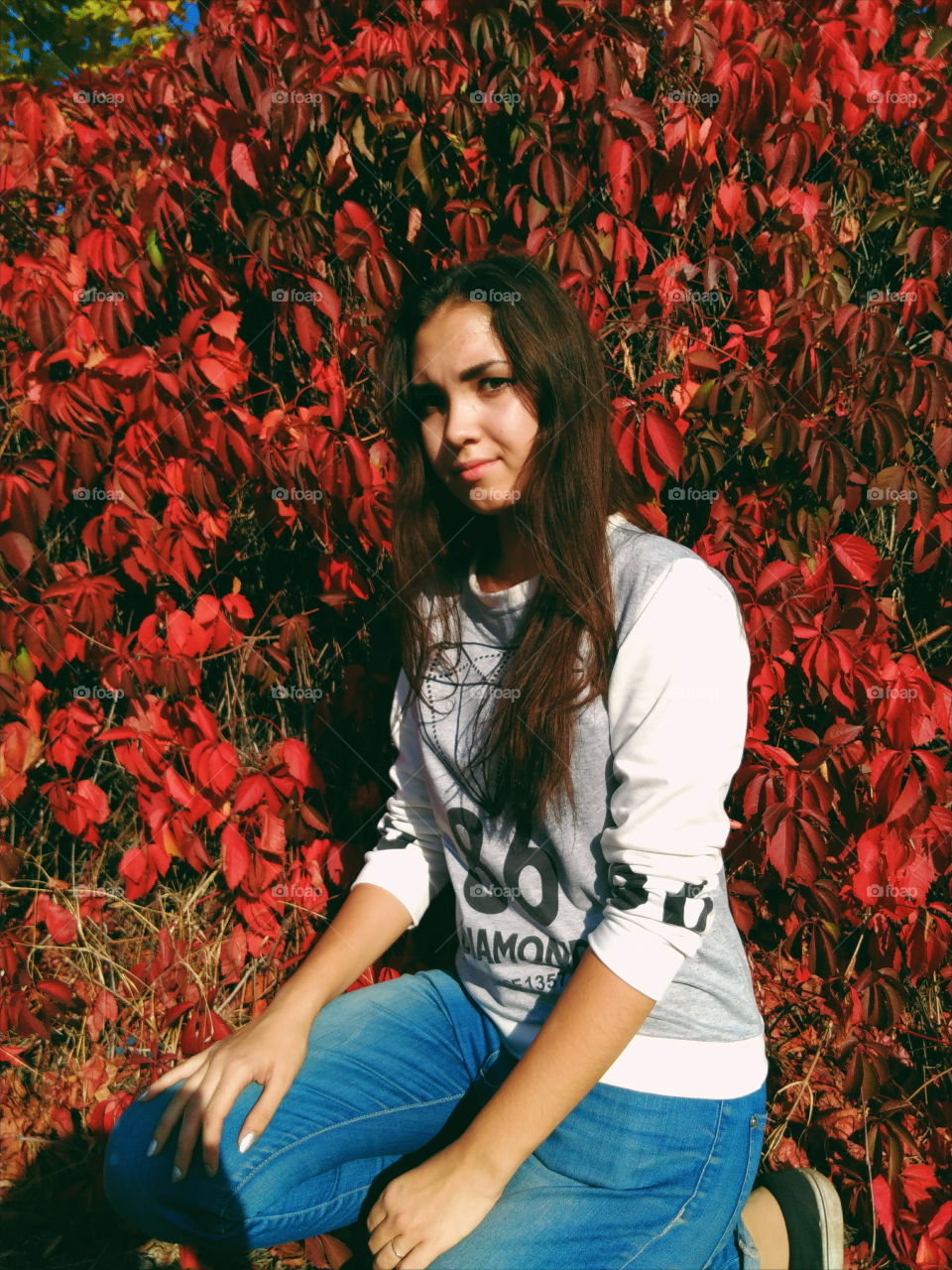 young beautiful girl on a background of red autumn leaves