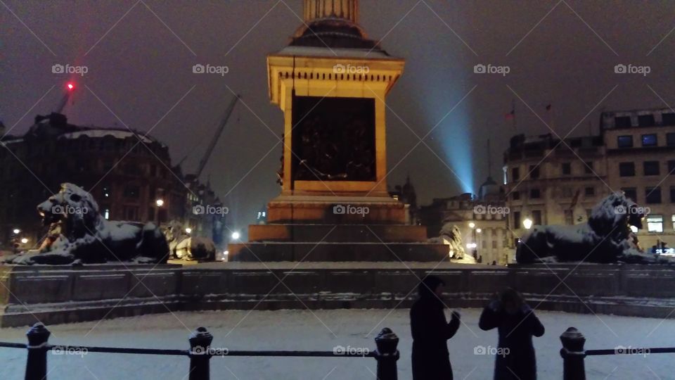 Walking in a winter wonderlandy. Trafalgar square London as we rarely see it, all covered with snow and ice from the fountains.