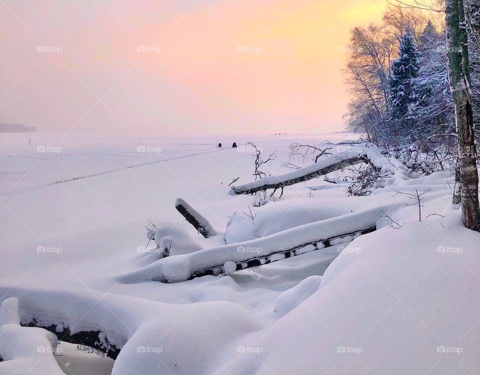 Winter landscape on sunset 