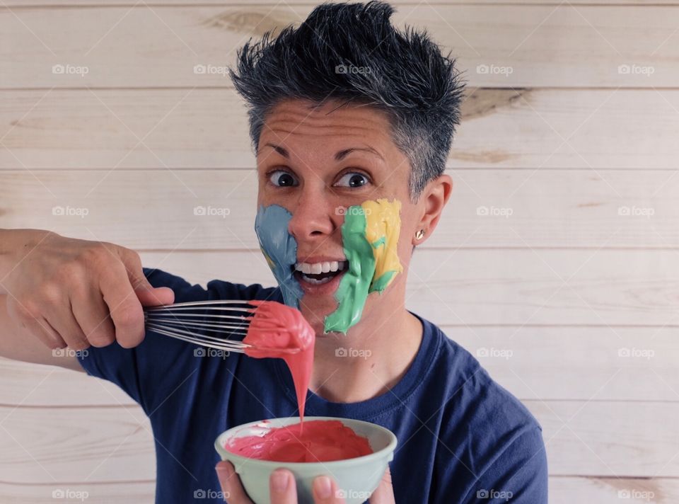 Girl Eating Colorful Frosting, Woman With Frosting All Over Her Face, Frosting On The Face, Rainbow Frosting 