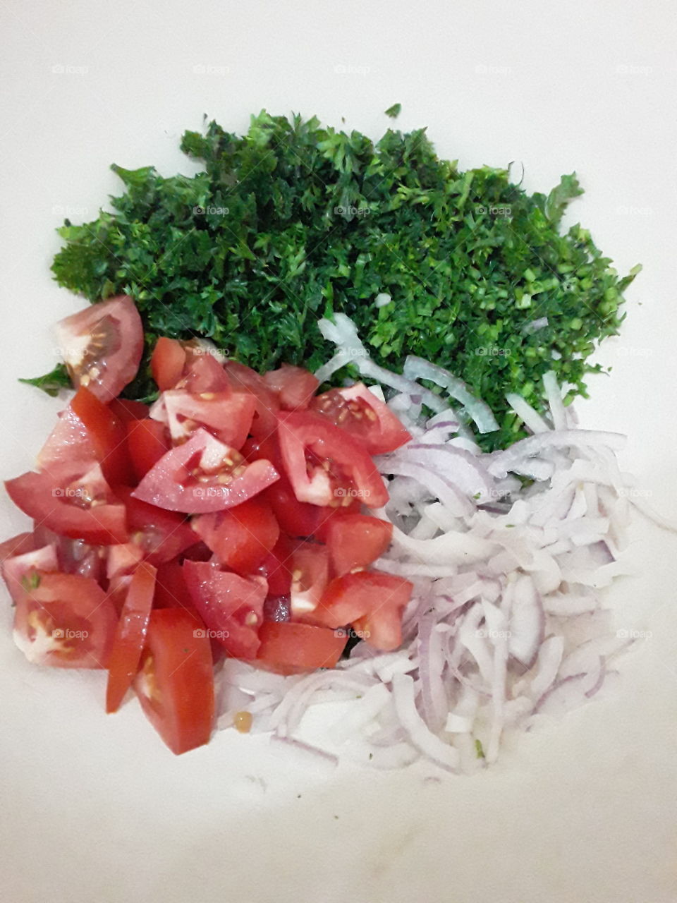 food, parsley, onion, chopped tomato for salad