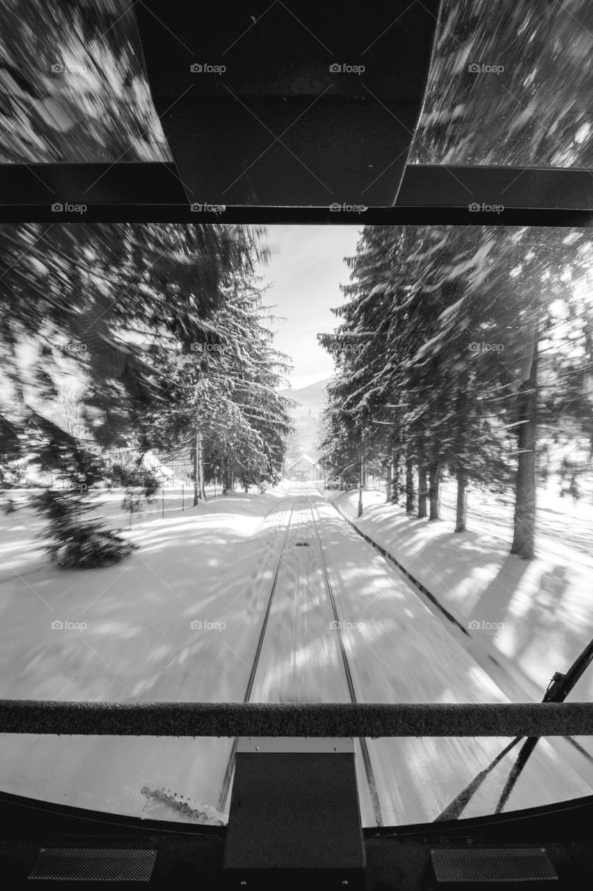 a black and white shot of a tram ride at Zakopane, Poland